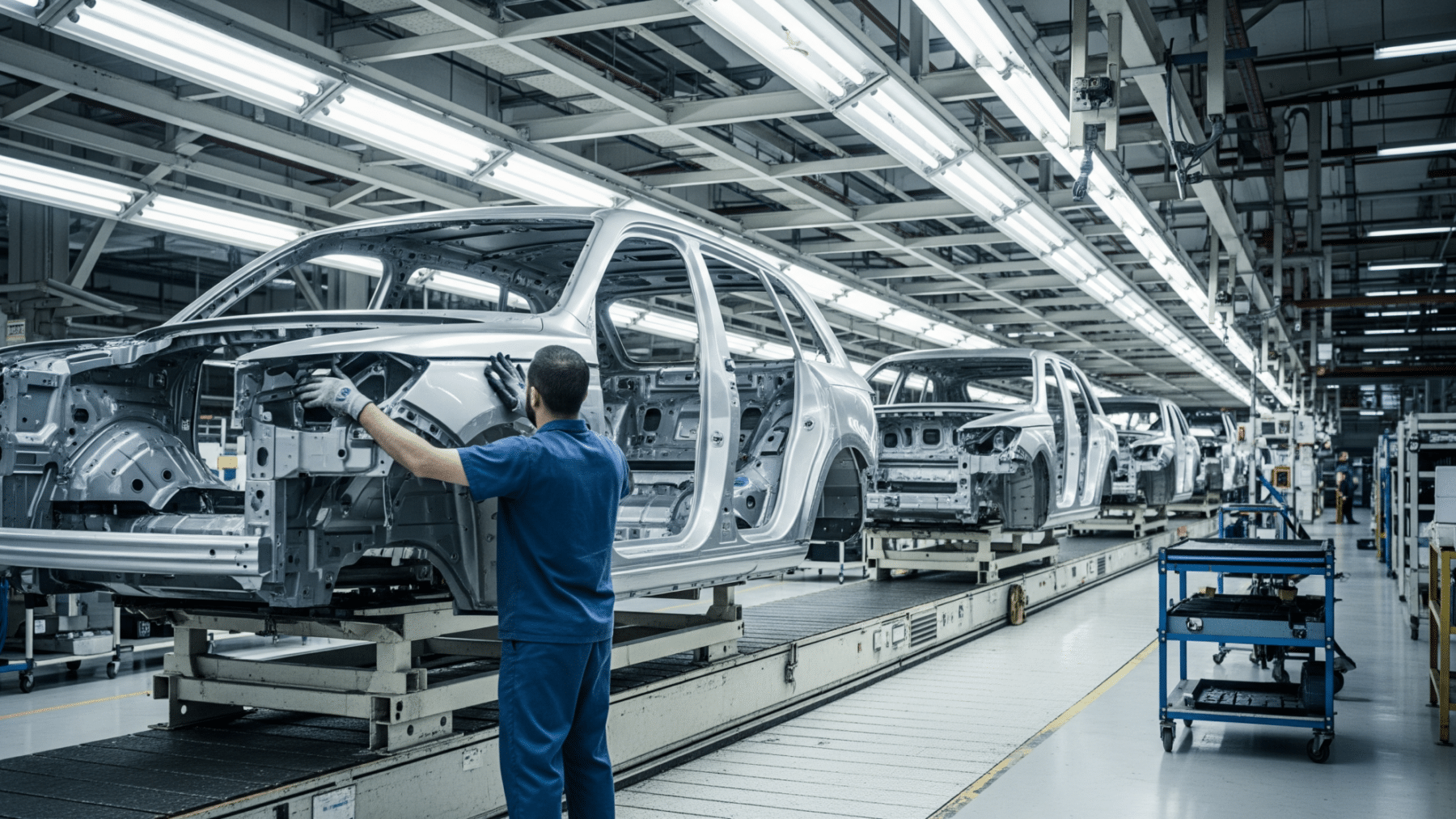 Workers on a US automotive assembly line building a luxury SUV during Lincoln production