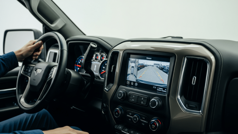 SYNC rearview camera screen blocked by menu overlay in Ford pickup truck cab, ford recalls
