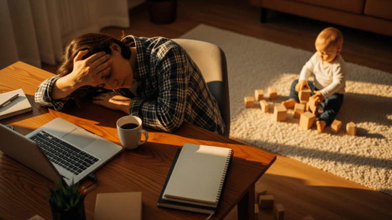 A working parent at a home desk with a child playing nearby, working parents