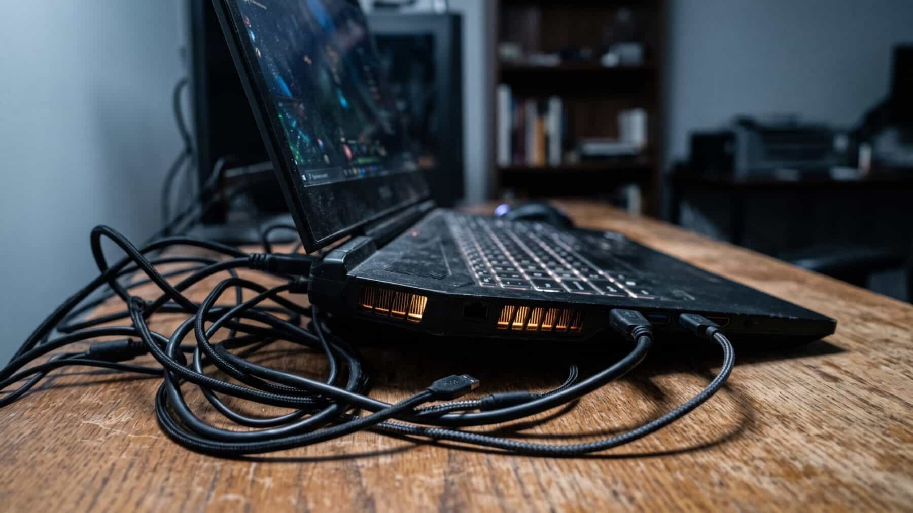 gaming laptop open on desk showing ventilation, laptop GPU naming