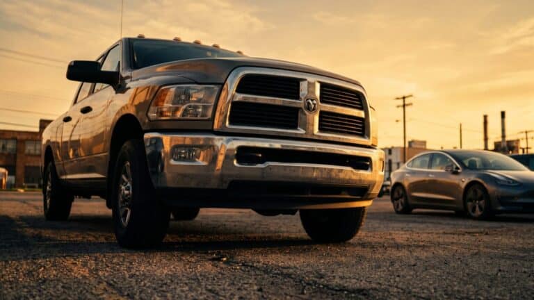 Off-road pickup truck on desert trail showing gas and hybrid model range