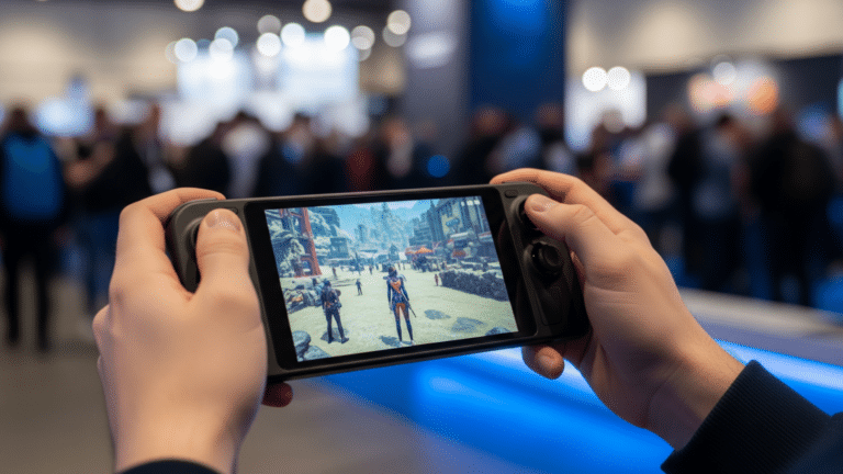 Hands holding a gaming handheld streaming via GeForce NOW at a gaming convention