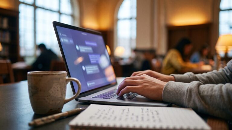 Hands typing on a laptop showing a Gemini student study interface