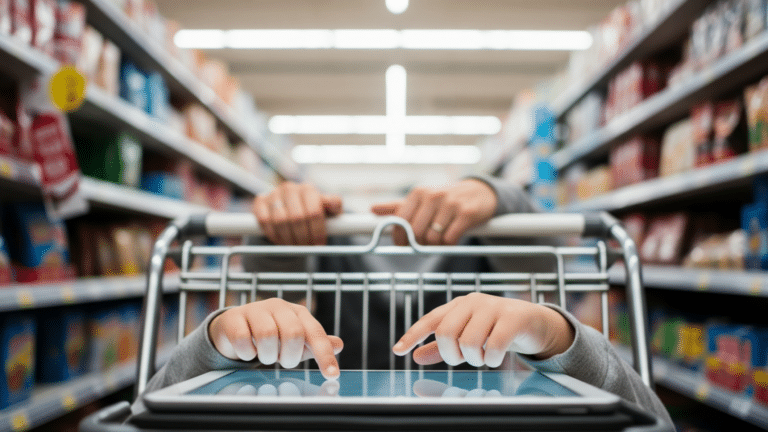 Child's hands scrolling a tablet next to a shopping cart, Gen Alpha influence