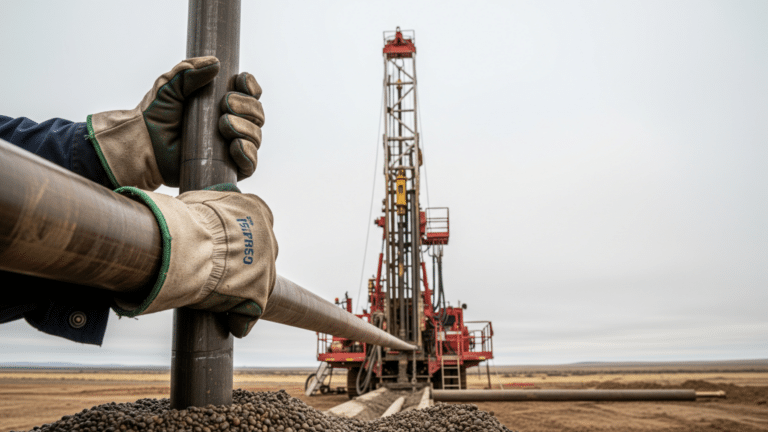 A geothermal drilling rig operating in a dry desert landscape during geothermal field tests