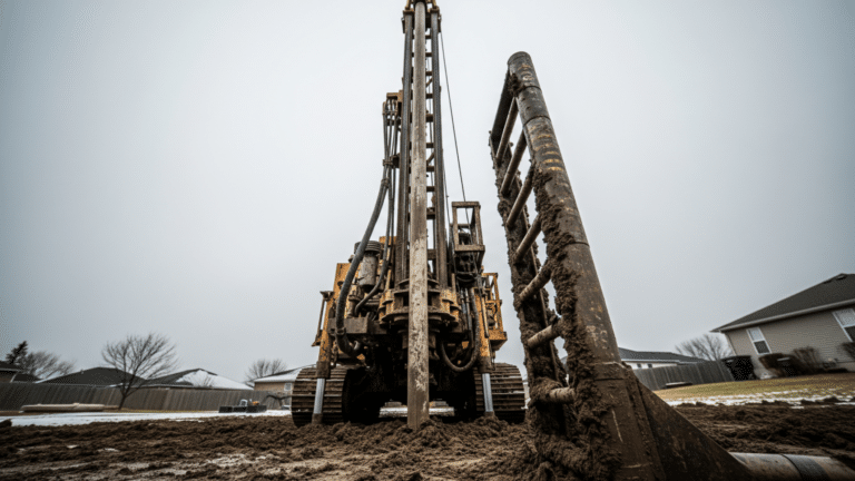Vertical borehole drill rig on a suburban lot for geothermal heat pump installation