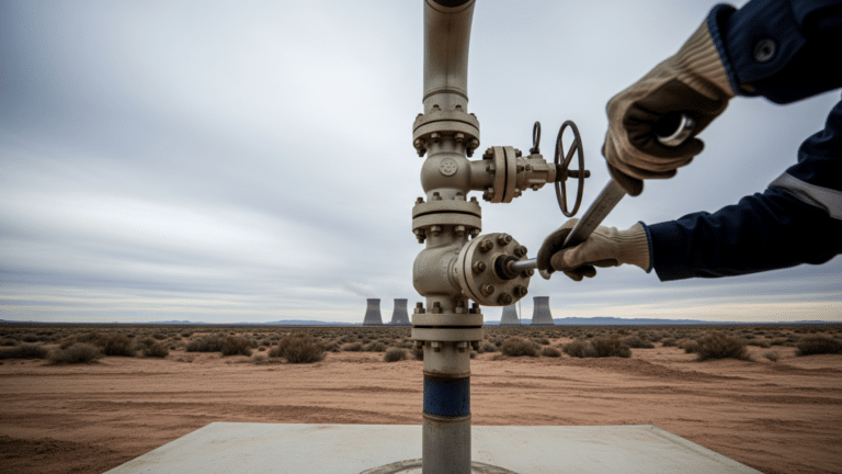 worker at a geothermal plant wellhead in a New Mexico desert landscape