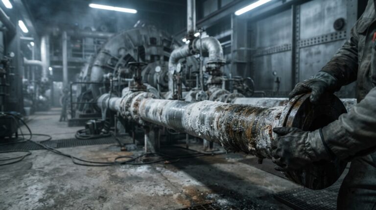 Mineral-scaled steam pipes inside a geothermal power plant turbine hall showing geothermal capacity factor degradation, geothermal plants