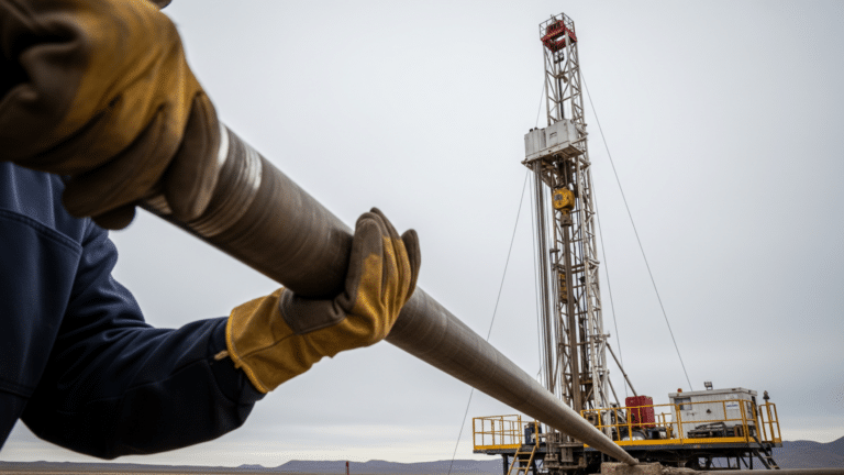 Geothermal drilling rig in a desert landscape under overcast skies, geothermal research