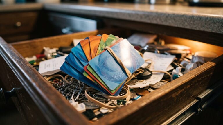 Unused gift cards buried in a cluttered home junk drawer