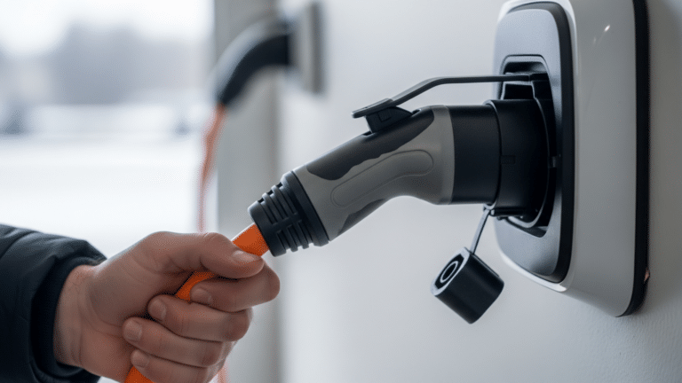 EV charging cable plugged into home charger illustrating EV grid demand, global electric