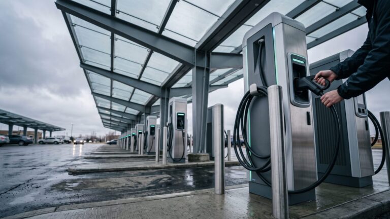 EVgo flagship public charging station stalls under overhead canopy in Michigan, gm open