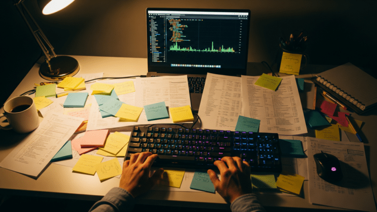 Developer keyboard and screen glowing with open source code at night