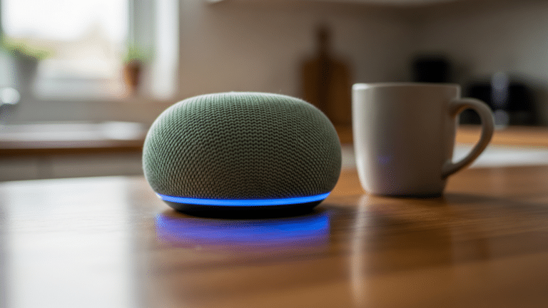 Google Home Speaker with glowing base light ring on a kitchen countertop, google s