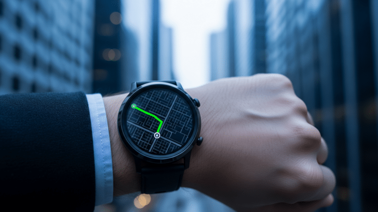 Pixel Watch 5 GPS route map displayed on a smartwatch wrist in an urban setting, google uses