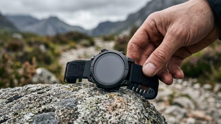 A rugged sports smartwatch on granite rock showing smartwatch market share shift, sports watch
