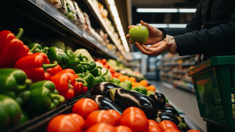 Hands selecting fresh produce in a grocery store aisle, grocery shoppers