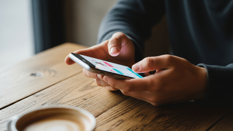 Hands holding a smartphone with a dating app, online daters at a cafe table