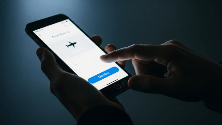 Hands hovering over a smartphone booking screen showing hidden fees at checkout