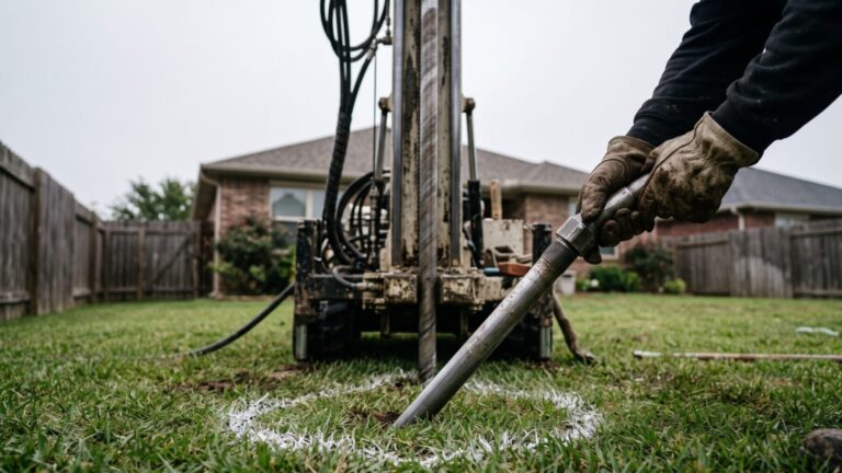 Drilling rig in a backyard for a geothermal heat pump ground loop installation
