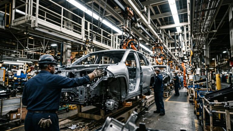 Workers on a hybrid vehicle assembly line inside a Honda assembly plant, honda eyes