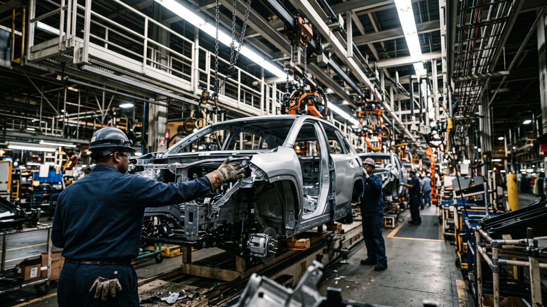 Workers on a hybrid vehicle assembly line inside a Honda assembly plant, honda eyes