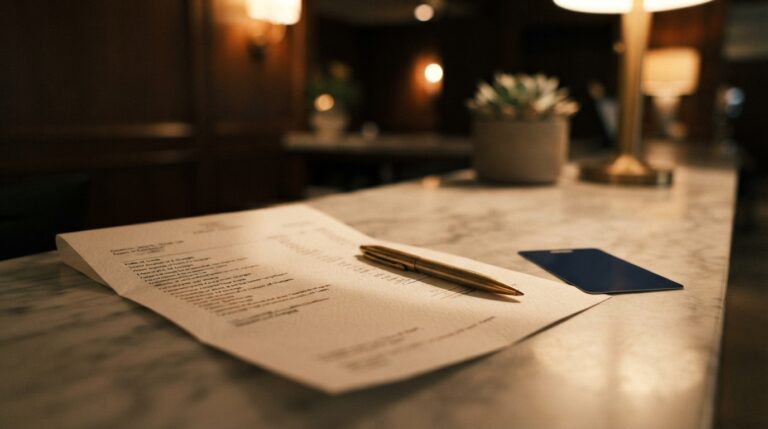 Hotel billing receipt on a checkout counter illustrating hotel resort fees