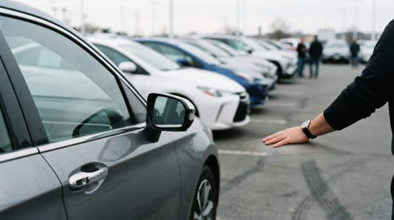 Hybrid cars lined up on a US dealership lot, hybrid record milestone