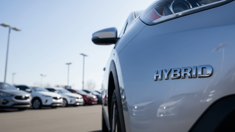 hybrid SUV at a dealer lot showing hybrid record badge detail, hybrids grabbed