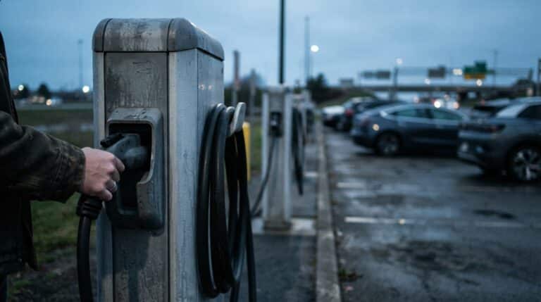 High-power EV charging pedestals at a highway hub under overcast sky, iea projects