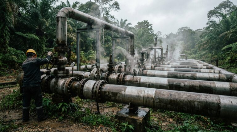 Geothermal wellheads and steam pipes at an Indonesian geothermal facility, geothermal potential