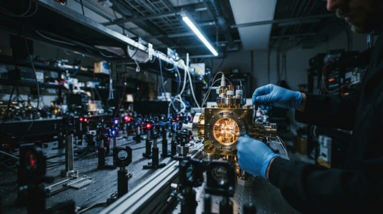 Technician hands adjusting trapped-ion quantum hardware in a research lab, ionq posted