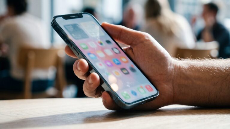close-up of iPhone screen showing Liquid Glass navigation bar with light reflections, ios 26