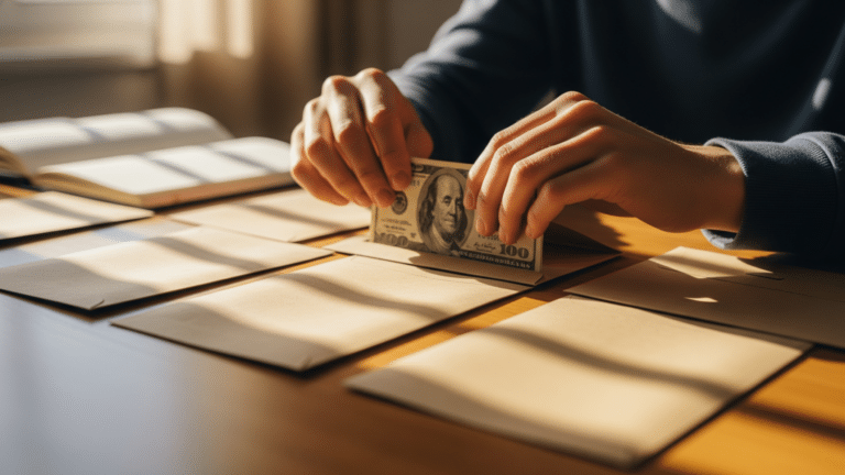 Young adult hands sorting cash into labeled envelopes for cash stuffing budget, labeled paper