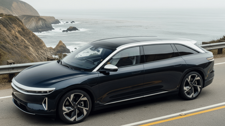 Lucid Gravity GT-S electric SUV on a coastal road in overcast light