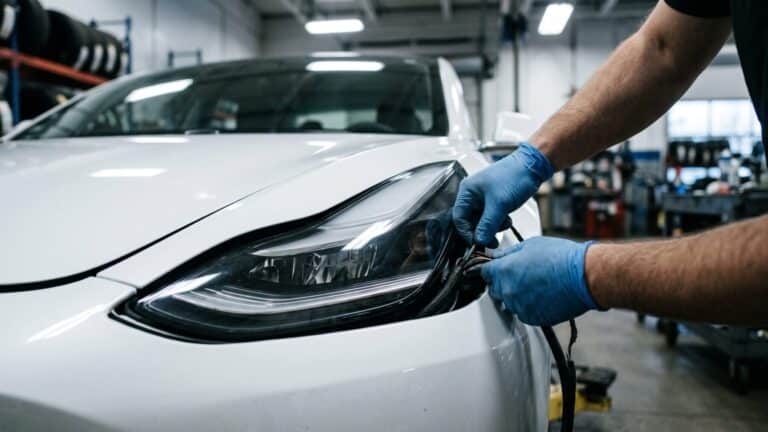 Technician examining a Lucid Air sedan headlight assembly during a recall inspection, lucid recalls