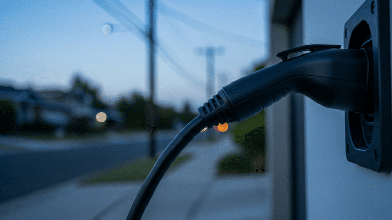 Residential EV charging cable plugged in at dusk illustrating managed EV charging