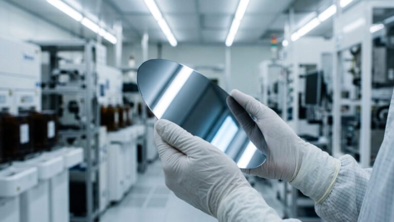 Gloved hands holding a silicon wafer inside a semiconductor memory research cleanroom, memory research hub