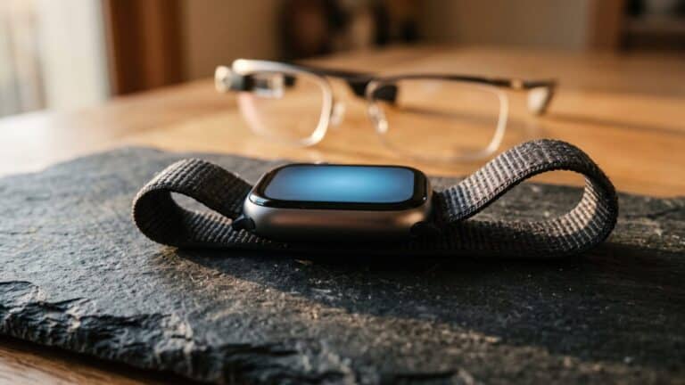 Meta smartwatch prototype next to smart glasses on a dark surface, meta expected