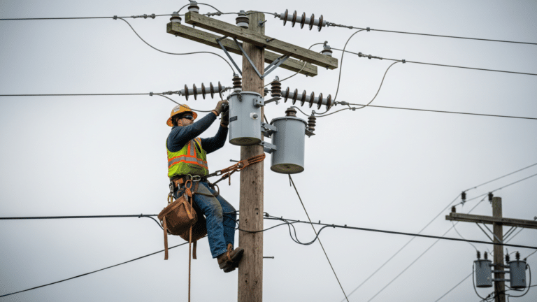 A utility lineworker repairs overhead power lines under overcast skies, illustrating utility earnings penalties, michigan regulators