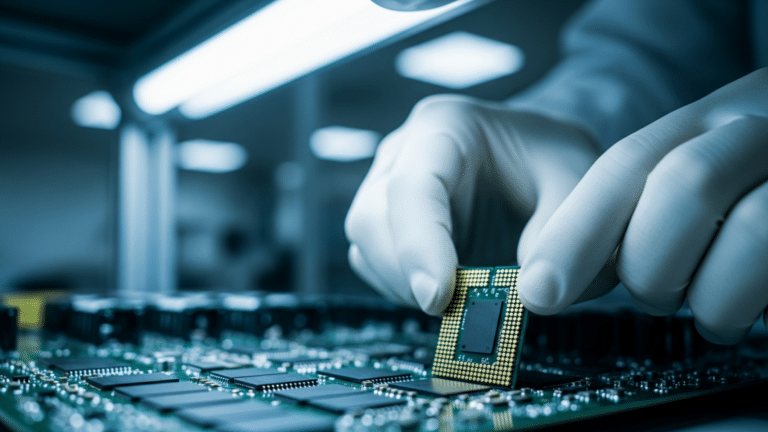 Technician installing an automotive chip module on a circuit board, automotive chip supply
