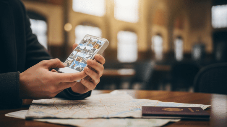 Hands holding phone with travel photos, illustrating generational differences in vacation planning, millennials most