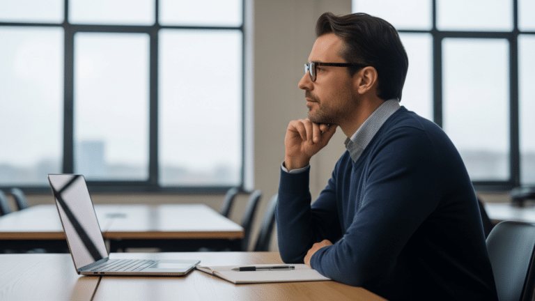 Office worker daydreaming at work beside an open laptop and notepad, drifts away