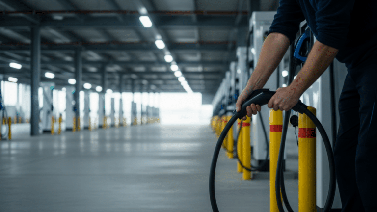 EV charging cables at a depot illustrating managed EV charging grid load, more than