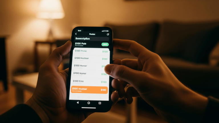 Hands holding phone on music streaming subscription settings screen, music app