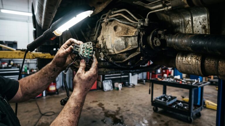 technician holds corroded transmission sensor in F-150 recall repair, nearly 1
