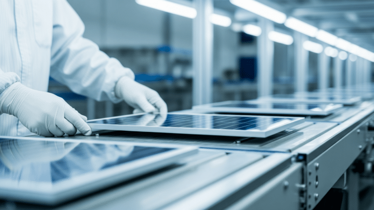 Technician handling a perovskite solar panel module inside a manufacturing facility, new california