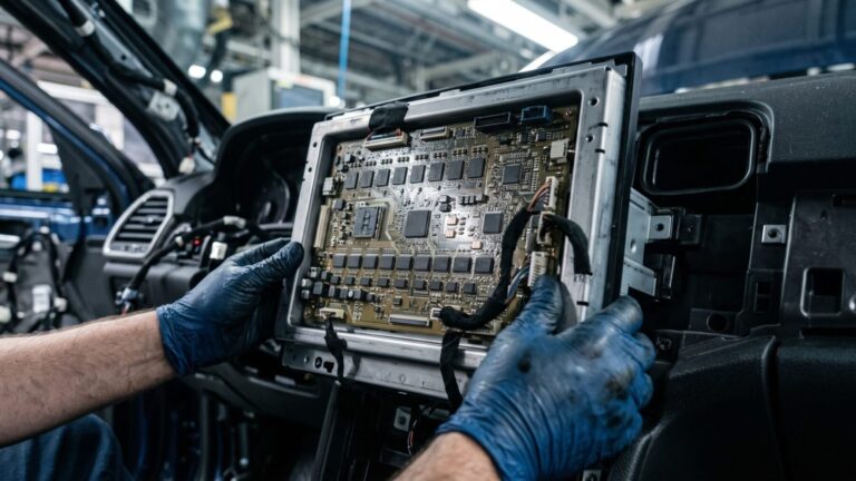 Car touchscreen circuit board showing DRAM chips during assembly, new cars
