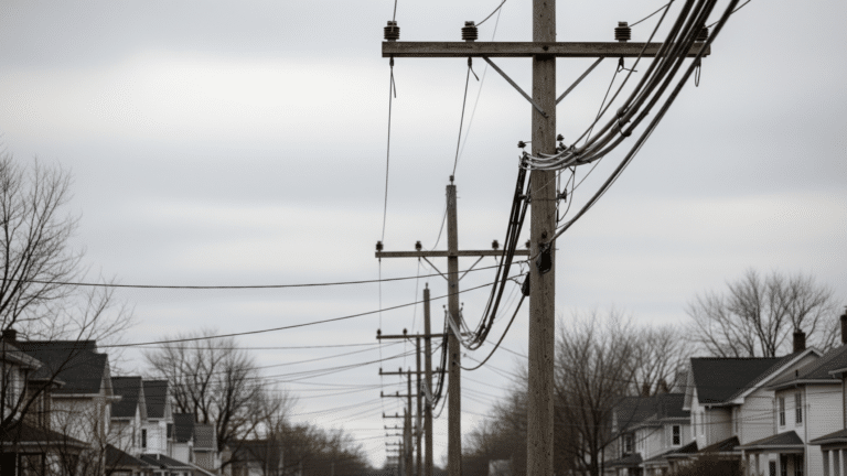 Utility poles and distribution lines under grey skies in an upstate New York neighborhood, illustrating the NYSEG rate hike