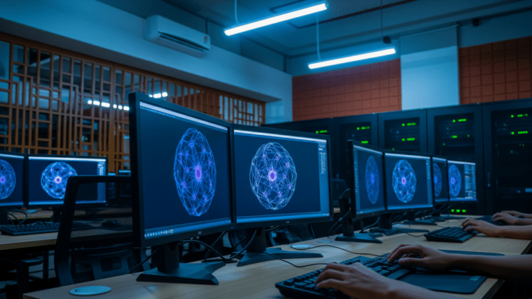 Researcher working at a computer terminal inside a university AI center lab, nvidia indosat